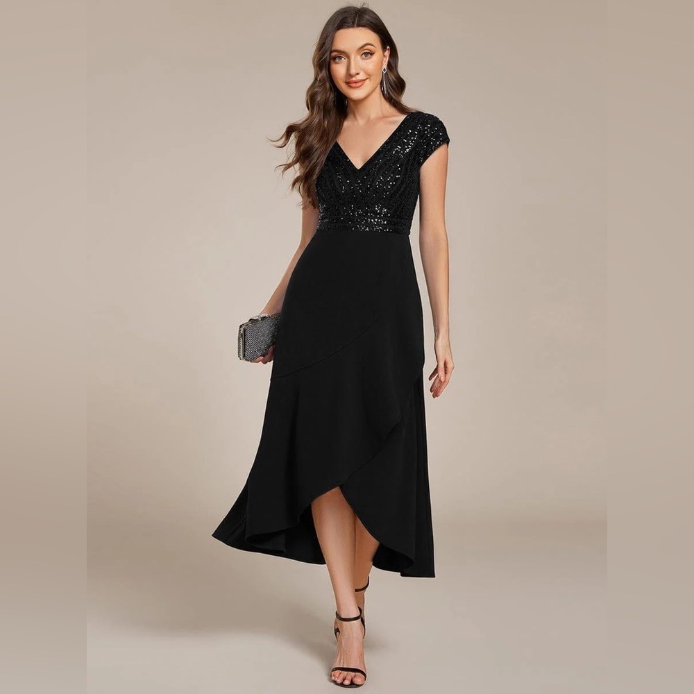 🆕Short Sleeve V-Neck Midi Sequin Formal Dress